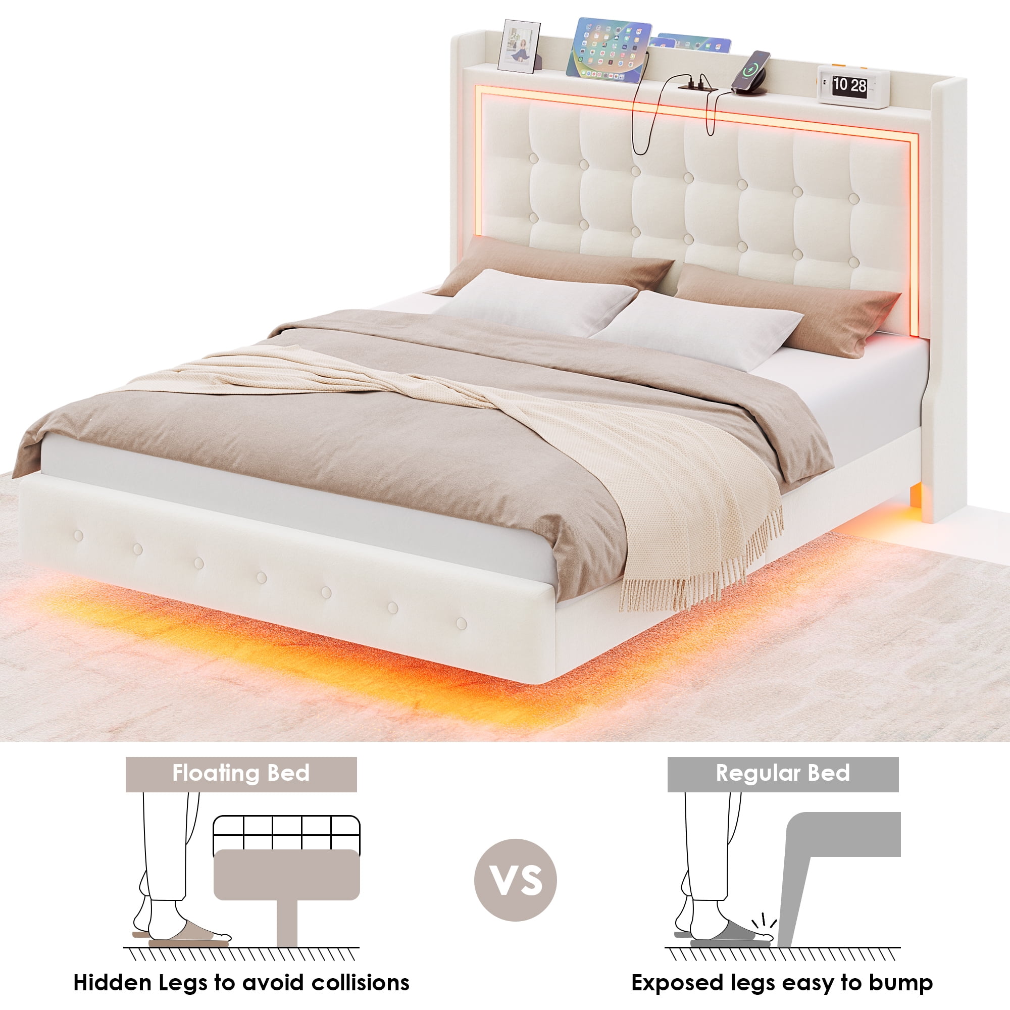 Homfa Queen Size Floating Bed with RGB LED Lights Charging Station, Velvet Upholstered Platform Bed with Storage Headboard, Off-White