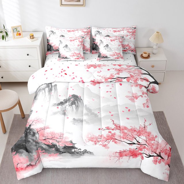 Erosebridal Lit en Sac Fleurs de Cerisier Roses Taille Simple, Ensemble de Lit Mont Fuji, Décor à Thème Japonais, Réversible