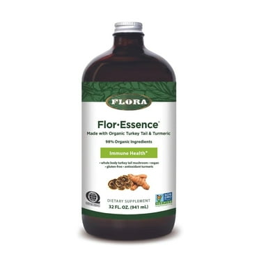 Flora Health Flor-Essence with Turkey Tail & Turmeric, Rich in Polysaccharides, 35  Phenolic Compounds with Antioxidants and Immunity Support, 32-fl. oz. Glass Bottle