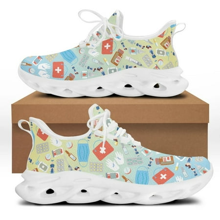 

Yikeluo Comfort Women Sneakers White Nursing Shoes Cute Cartoon Nurse Doctor Medical Print Light Lace-up zapatillas mujer