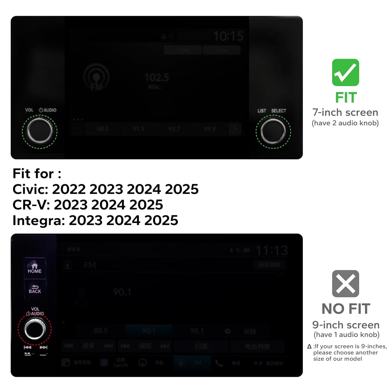 chasenew for Honda Civic 2022-2026 Accessories, CRV 2023-2026 & Acura Ingetra 2023-2025 (Fit 7" Screen/ 1 Audio Knob), 10pcs Knob Cover Kit - Push Start, Audio, AC & Air Vent (Black)