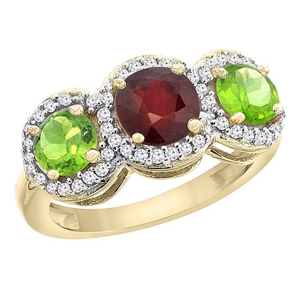 14K Yellow Gold Enhanced Ruby & Peridot Sides Round 3-stone Ring Diamond Accents, size 9.5