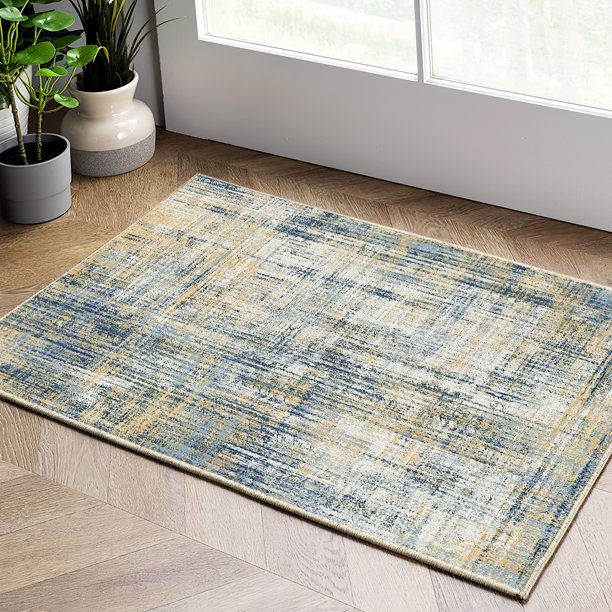 JINCHAN Abstract Area Rug 2x3 Navy Blue Foldable Contemporary Rug