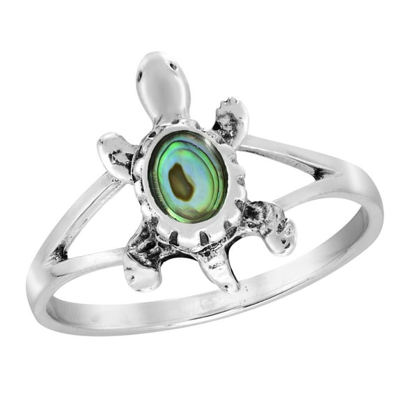 Sea Life Swimming Turtle Abalone Shell Sterling Silver Band Ring-8