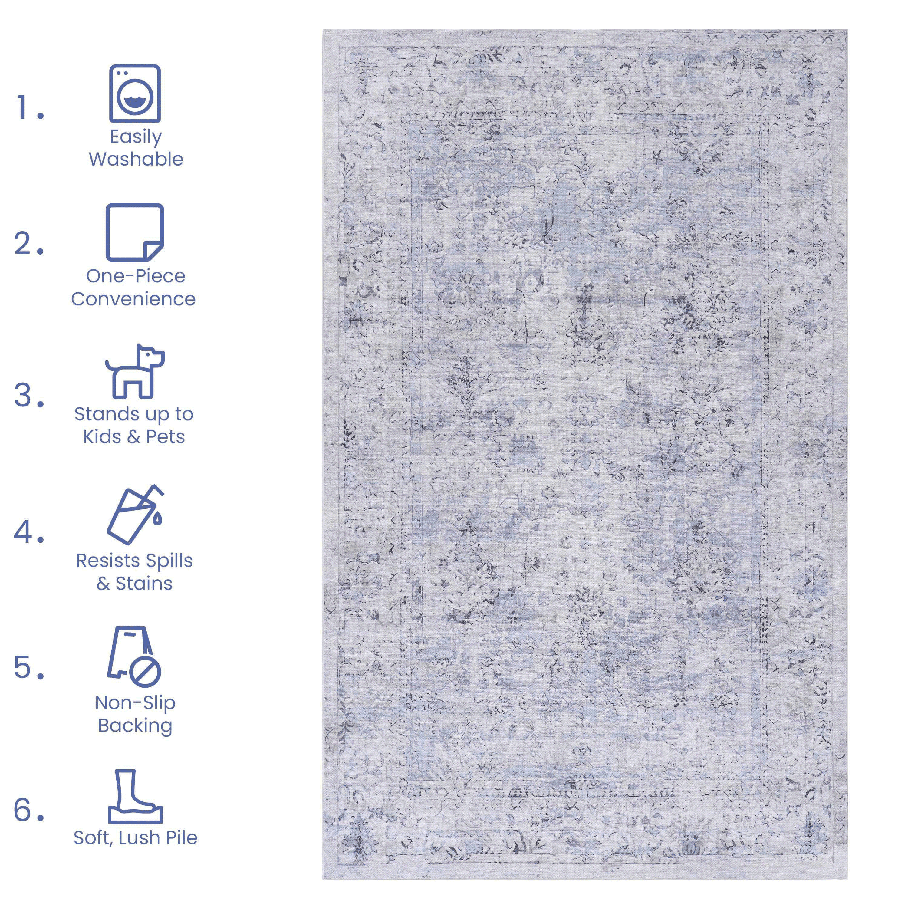 Naar Maval 4X6 Area Rug, Blue/Cream Oriental, Machine Washable Rugs for Living Room, Non-Slip, Non-Shedding and Foldable Rugs