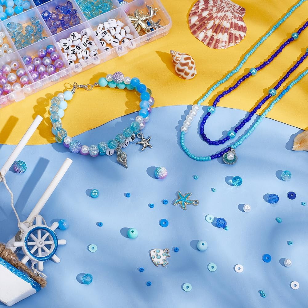 Ocean Theme Beads Kit - 1863pcs 24 Styles 6mm Polymer Clay 3mm Glass Seed Alphabet Letter Shell Starfish Pendants for Earring Crafts