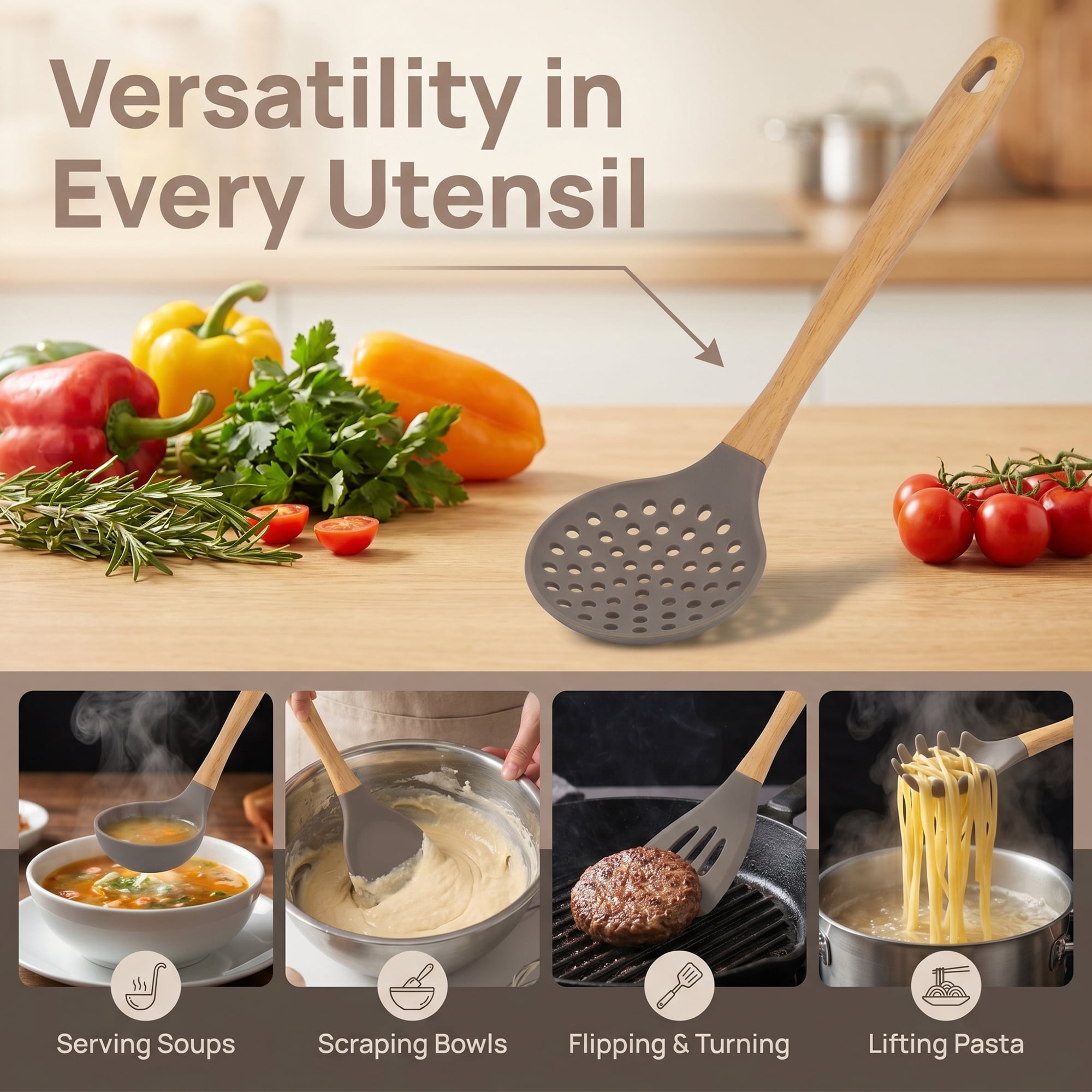 Unique Bargains 6 Pcs Silicone Color Blocking Essential Kitchen Utensil Set Gray-Wood A
