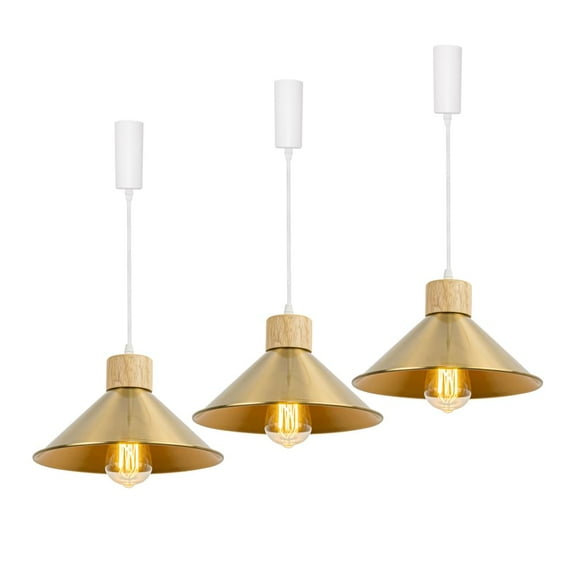 KAYYELAMP Set Three J-Type Track E26 Wood Base Gold Metal Lampshade Retro Design 3.2 Ft Adjusted Cord Track Pendant Light for Home Kitchen Sink Farmhouse(No Bulb, Track)