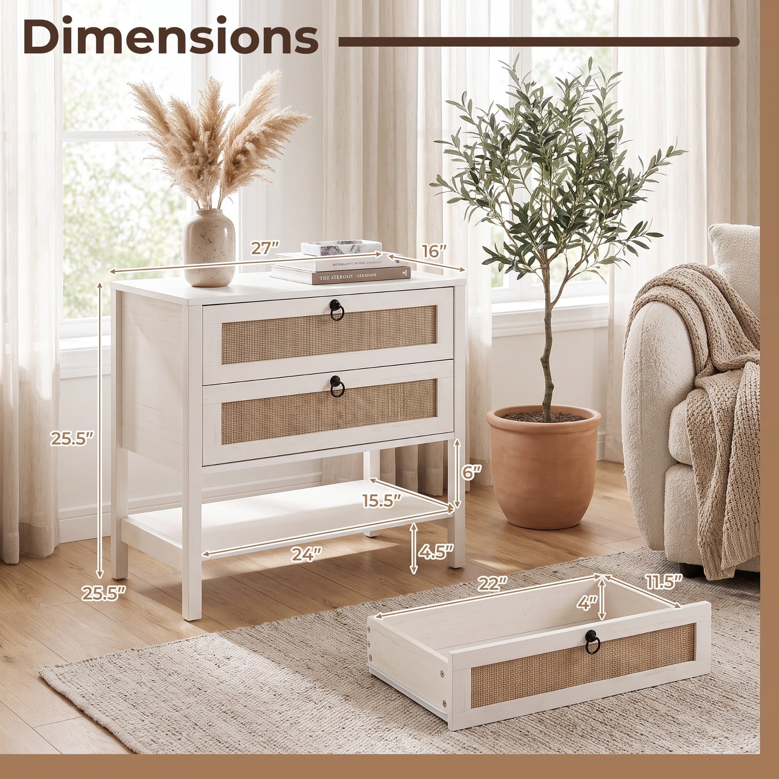 Furnibear Boho Rattan Nightstand with 2 Drawers and Bottom Open Shelf for Bedroom Living Room Bedside Sofa Side Small Space, White