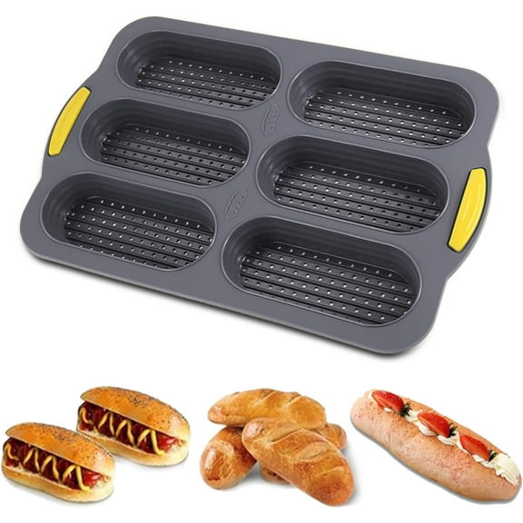 6-Cavity Silicone Baguette Bread Pan, Non-stick French Bread & Hot Dog Bun Mold, Foldable Loaf Pan Baking Tool for Hoagie Homemade Rolls, Dishwasher Safe,Easy Release, Local Stock- 1 Pack Gray