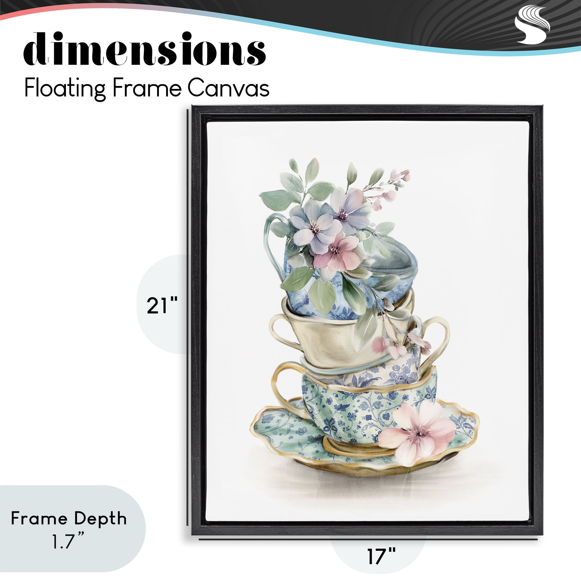 Stupell Industries Floral Teacup Chinoiserie Black Framed Floater Canvas Wall Art, design by Kim Allen