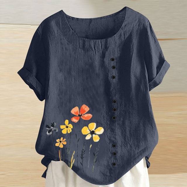 Amzcrzy Hauts pour Femmes Hauts d'Été pour Femmes T-Shirt d'Été pour Femmes à Col Rond à Manches Courtes Décontracté Mode Imprimé à Boutons T-Shirt T-Shirts pour Femmes Hauts à Manches Courtes pour Femme Hauts de Sortie pour Femmes