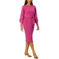 thumbnail image 4 of INSPIRE CHIC Robe pour Femme en Tricot à Col Rond Manches Lanterne 3/4 Ceinturée Ourlet Plissé Robes TP Prune, 4 of 6