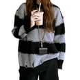 thumbnail image 3 of Fortune Women Loose Sweaters Stripes Knit Sweatshirt Long Sleeve Ripped Pullover Tops, 3 of 9