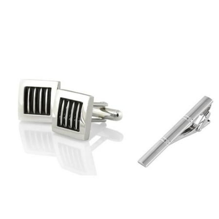 Zodaca Men's Silver Black Square with Stripes Cufflinks + Silver Double Lines Brushed Tie Clip