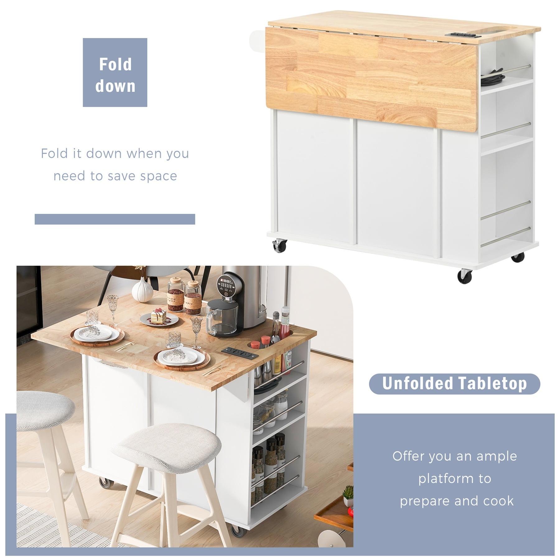 Alvantor Kitchen Island Carts with Power Outlet, Mobile Buffet Cabinet with Drop Leaf,Open Storage and Wine Rack for Dining Room Living Room White