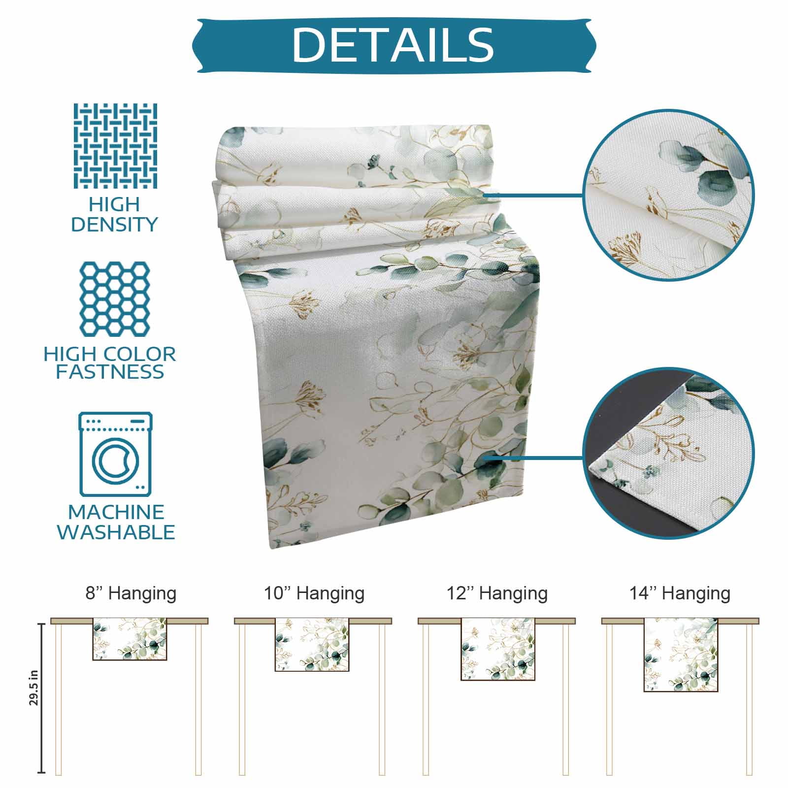Eucalyptus Leaves Table Runner 70 Inches, Watercolor Sage Green Golden Floral Bed Runner Dresser Scarves Tabletop for Indoor Outdoor Parties/Ceremony/Banquet, 13" x 70"