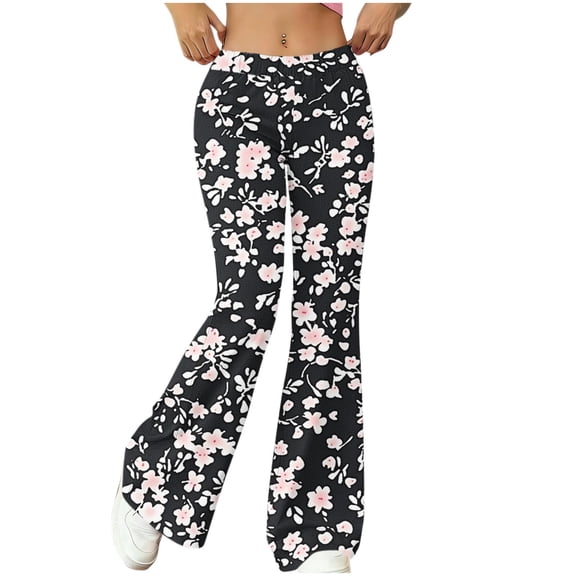 Yuanlook Women's High Waist Flare Pants, Cherry Blossom Print Casual Trousers with Elastic Waistband & Bell Bottom, S-XXL