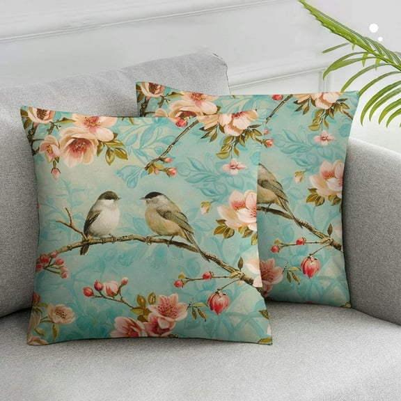 JRXY Green Chinoiserie Pillow Cover Set of 2 Spring Pink Japanese Cherry Tree Blossom Decorative Outdoor Throw Pillow Covers Vintage Flower Cushion Cover for Sofa Couch Home Bedroom White