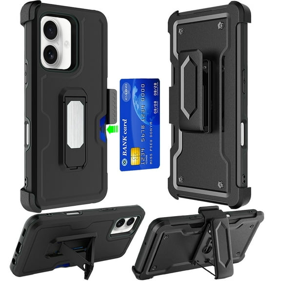 TJS for iPhone 16 Phone Case, Belt Clip Card Slot Holster with Magnetic Support Kickstand Military Grade Heavy Duty Shockproof Rugged Detachable Cover (Black)