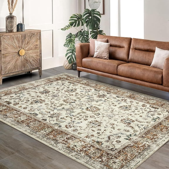 Boho Floral Area Rug 5x7 Washable Low Pile Non Slip Indoor Carpet Vintage Printed Floor Rug for Living Room Bedroom Dining Room,red