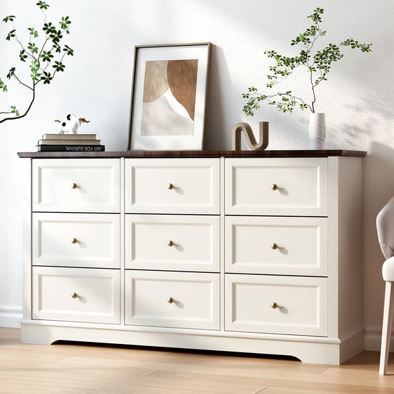 KIGOTY Farmhouse 9 Drawers Dresser,Storage Dressers Organizer for Bedroom, White