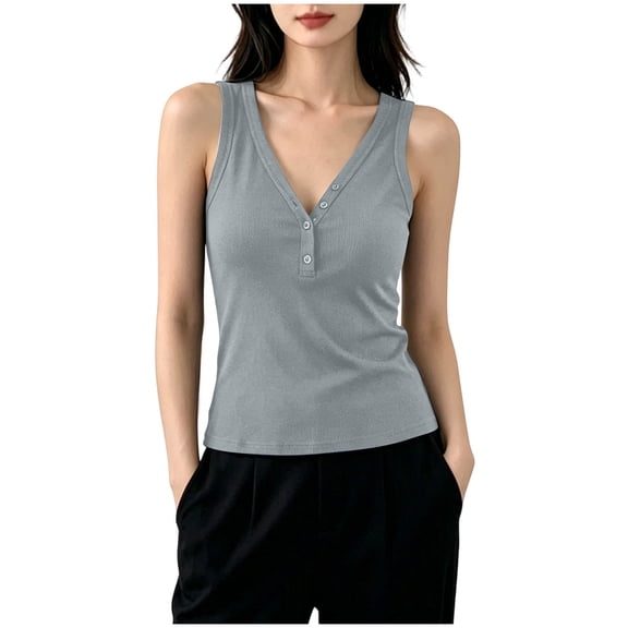 ZVNAΖH Women's Petite Ribbed Knit V-Neck Henley Tank Top Slim Fit Stretch Sleeveless Camisole, S-XL