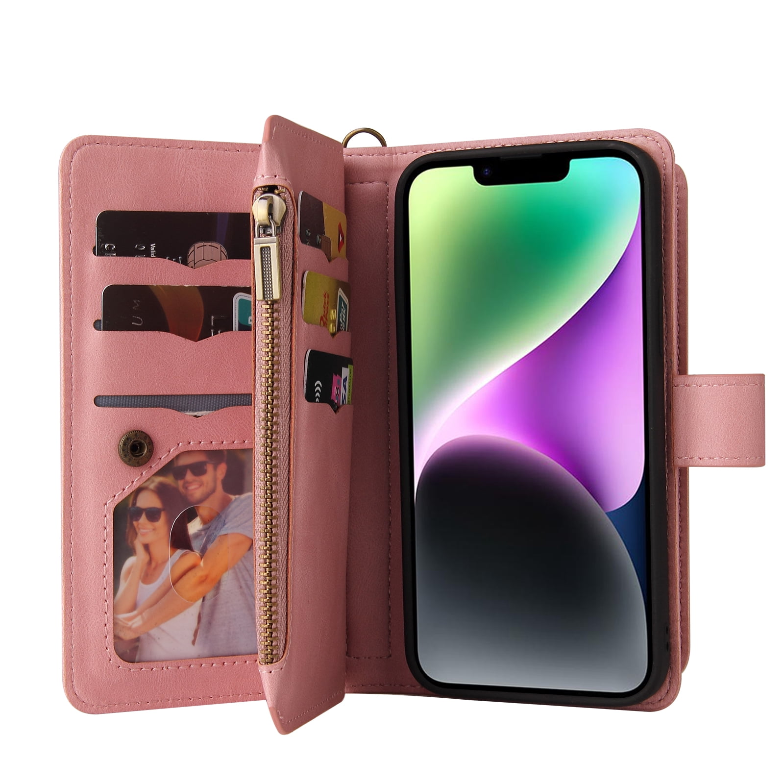 Wallet Case for iPhone 15, Magnetic Zipper Pouch Premium PU Leather with Kickstand Wallet Flip Shockproof Phone Case Wrist Strap Card Slots Holder Pocket iPhone 15,
Pink