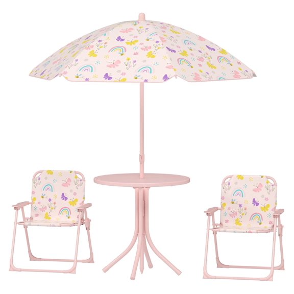 Kids Picnic Table and Chair Set, Outdoor Rainbow Table with Umbrella, Foldable Chairs for Toddlers 2-5 Years, Pink