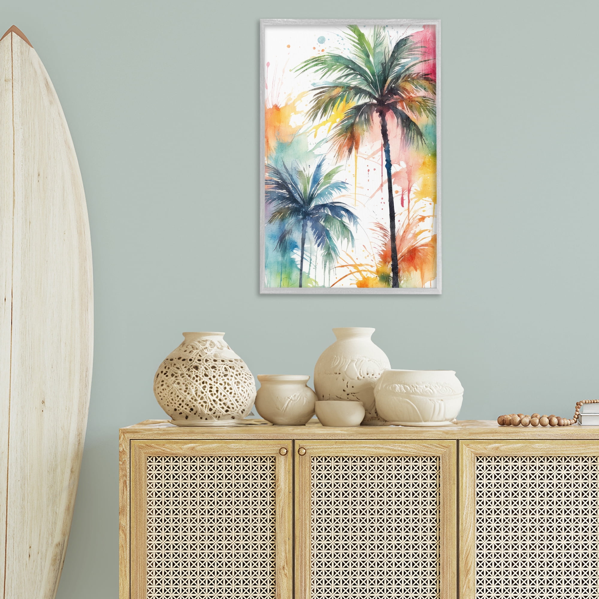 Stupell Industries Splashed Palm Trees Botanical & Floral Painting Gray Framed Art Print Wall Art, 20 x 30
