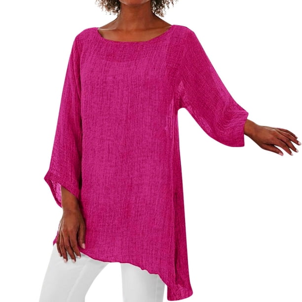 Ploknplq Tunic Tops for Women Loose Fit Dressy,Elbow Length Tee Shirts for Women,Womens Tunic Tops,Irregular Baggy Blouse Shirt Tunic Tops,Plaid Shirts for Women,Split Hem Top for Women Pink S