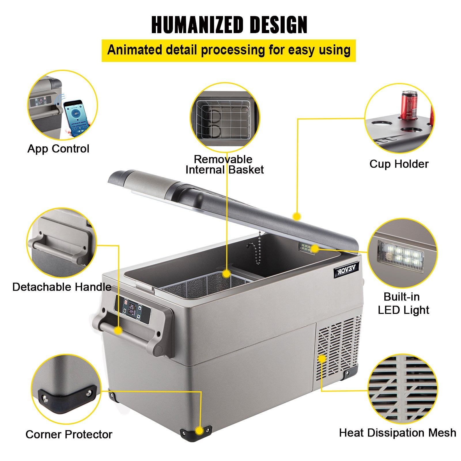 VEVOR Portable Refrigerator 37 Quart(35 Liter),12 Volt Refrigerator App Control(-4 ℉ ~68 ℉ ), Car Refrigerator Dual Zone with 12/24v DC & 110-240v AC for Camping, Travel, Fishing, Outdoor or Home Use
