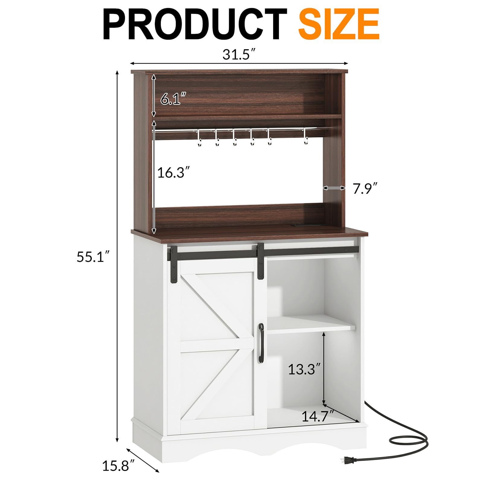 ChVans 55.1" H Farmhouse Coffee Bar Cabinet with Storage Hutch, Kitchen Wood Coffee Bar Station with Charging Station & 6 Hooks & Adjustable Shelf and Sliding Barn Door for Kitchen, Living Room