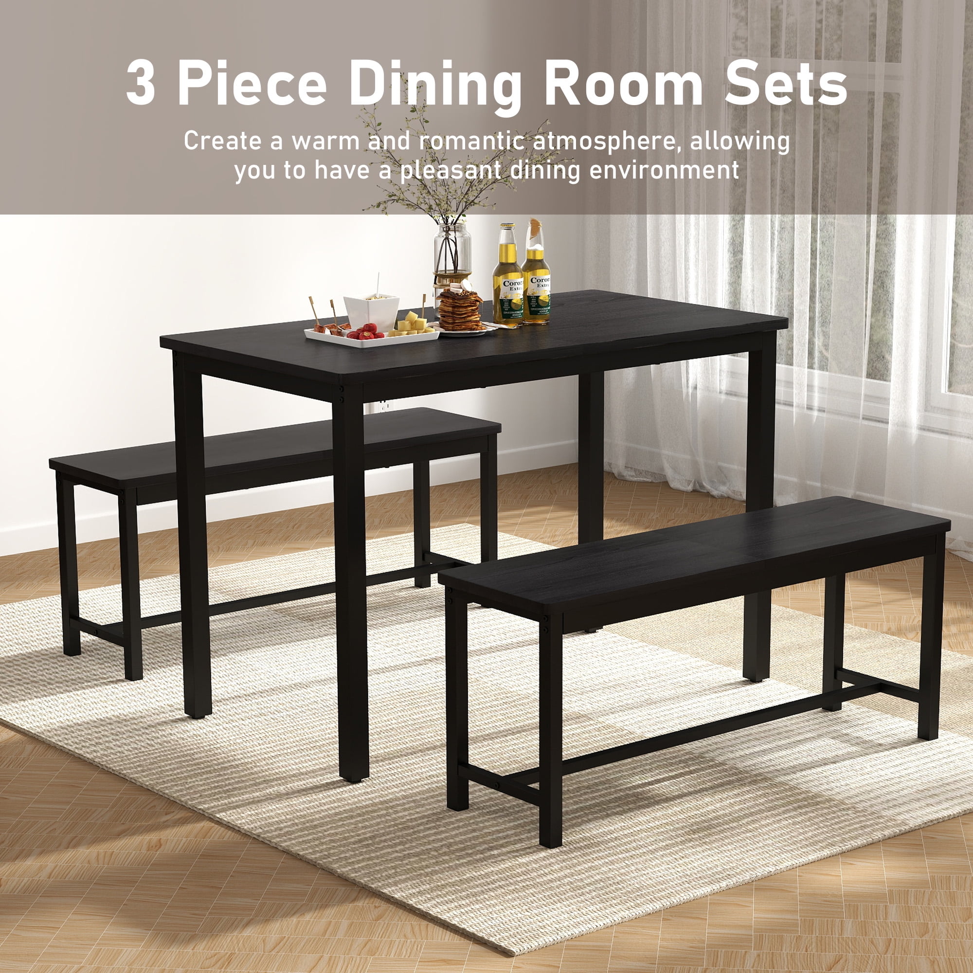 Aukfa Dining Table Set for 4, Rectangular Kitchen Table W/ 2 Benches for Small Space,Black