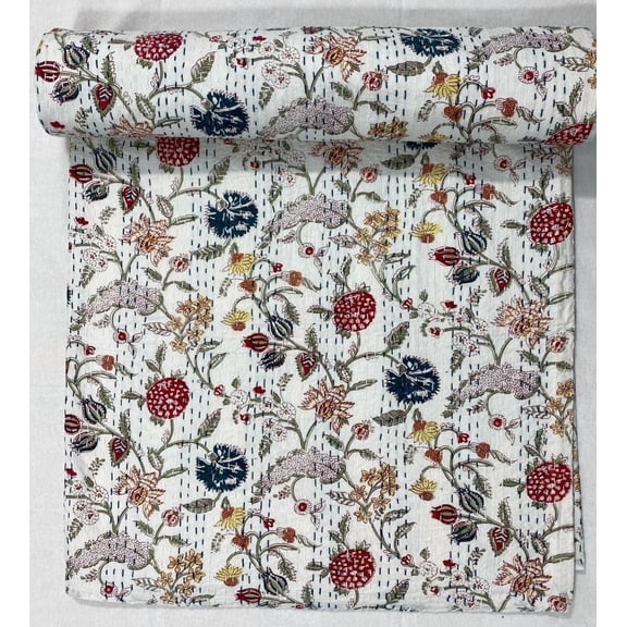 Floral Print Kantha Quilt: Handmade Cotton Bedspread Throw