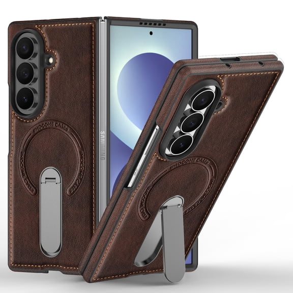Classic Case for Samsung Galaxy Z Fold 8 Ultra, PU Leather & PC Frame with Built-In 360° Rotating Metal Bracket, Compatible with MagSafe, Ultra-Slim Protective Anti-Drop Phone Cover, Coffee