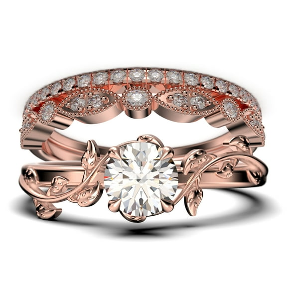 Vine Leaf Ring, Boho & hippie 2.00 Carat Round Cut Diamond Moissanite Engagement Ring, Wedding Ring in 10k Solid Rose Gold, Gift, Promise Ring For Her, Trio Set, Matching Band