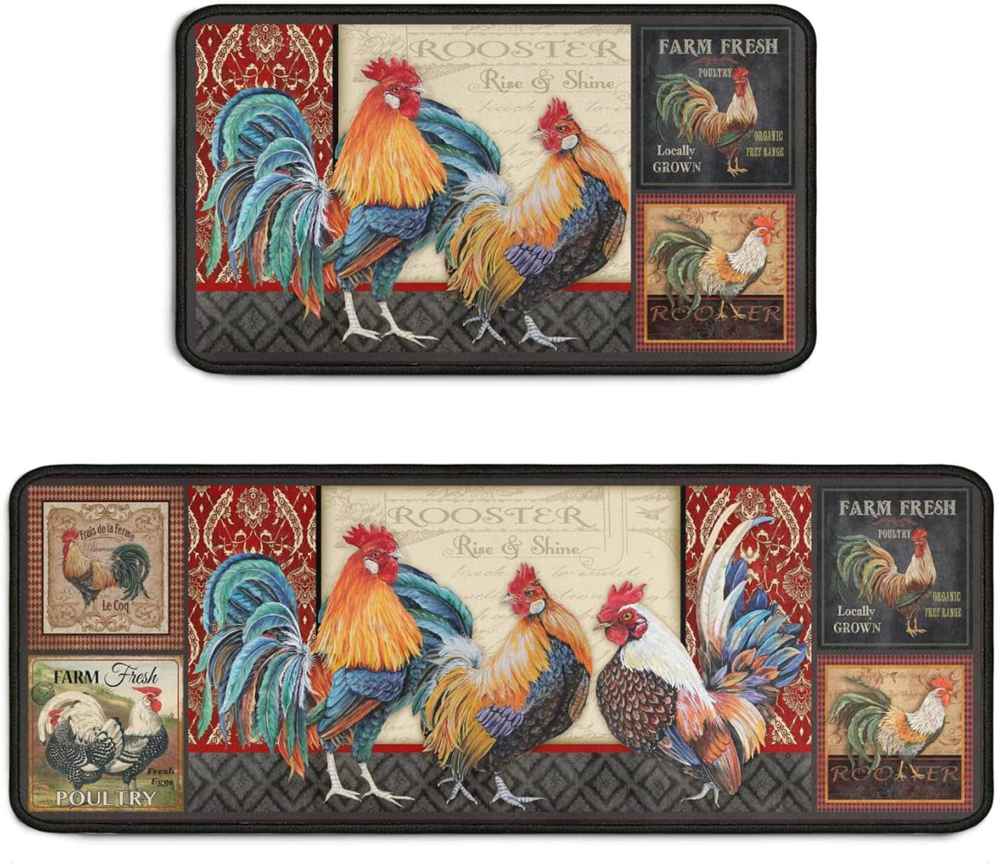 Rooster Kitchen Rug 2 Piece Set, Farmhouse Chicken Kitchen Mat, Home