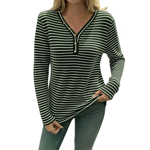 ShiShine Womens Long Sleeve Shirts V-Neck Striped Slim Fit Tops Casual Stretch Basic Tee Going Out Top Fall Fashion 2025
