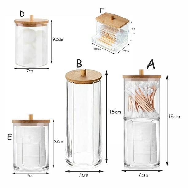 Caja de almacenamiento acrílica, tarro de baño, organizador de maquillaje, soporte redondo para almohadilla de algodón, caja para bastoncillos, dispensador de soporte Qtip con tapa de bambú,5pcs