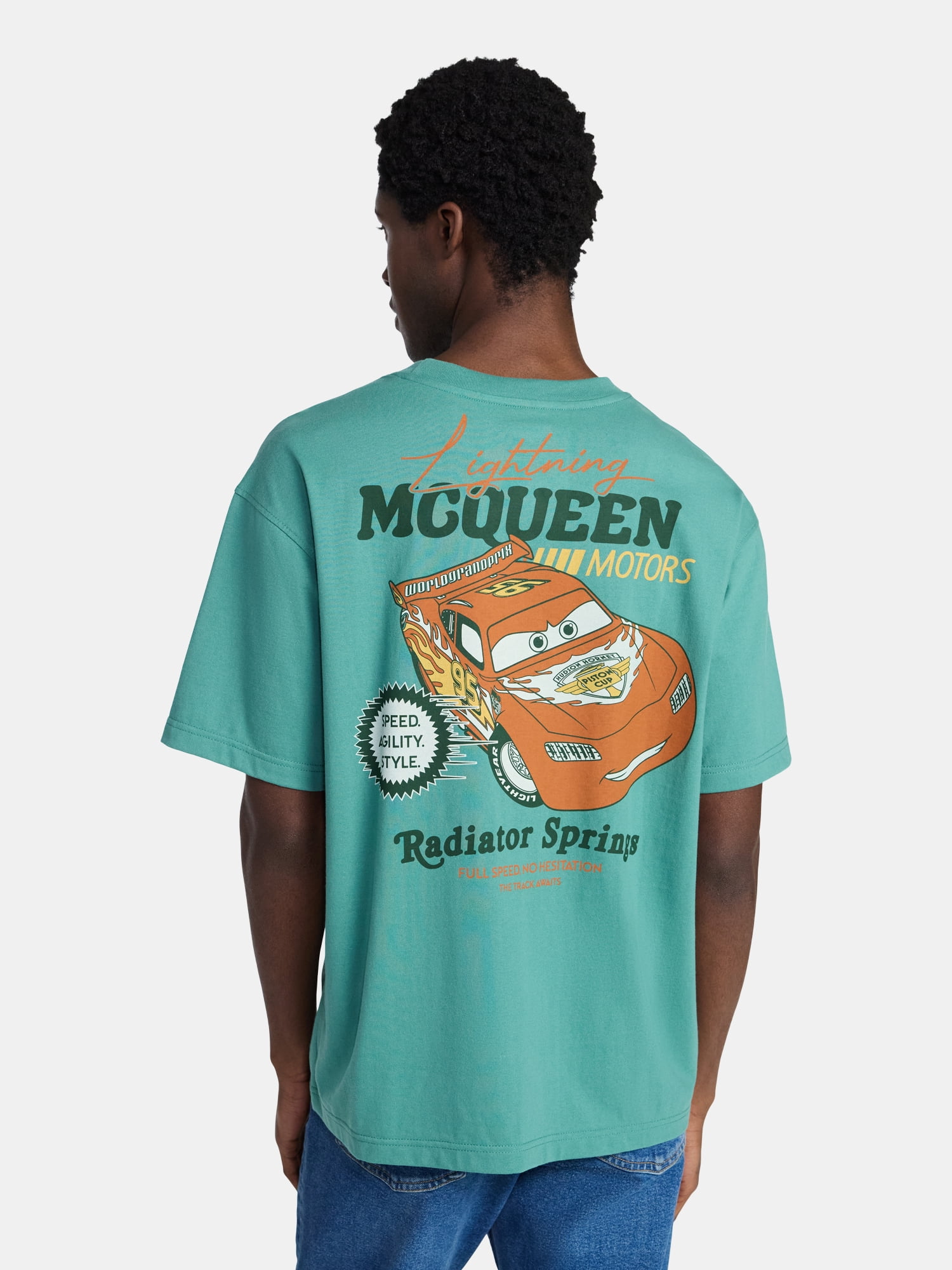 Disney Lightning McQueen Men’s Oversized Front and Back Graphic T-Shirt with Short Sleeves, Sizes S-3XL