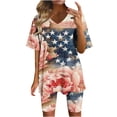 thumbnail image 2 of Pounoo Women's 2 Piece Outfits Knit Sets Independence Day Style Lightweight Breathable V Neck Short Sleeve Floral Print Top And Biker Shorts Gift, 2 of 6