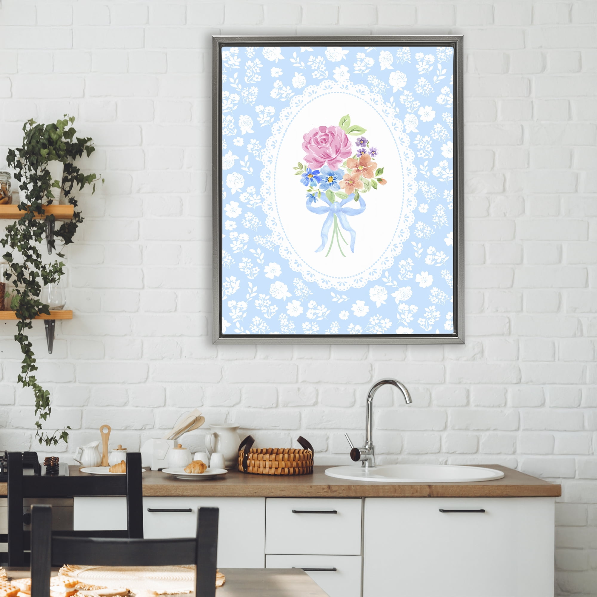 Stupell Industries Blue Feminine Bouquet Gray Framed Floater Canvas Wall Art, design by Corinne Haig