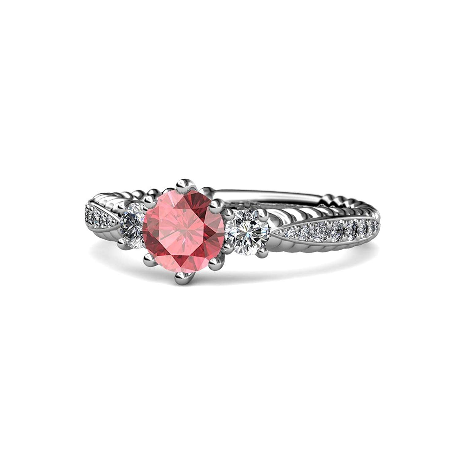 Pink Tourmaline and Diamond Three Stone Ring with Diamond on Side Bar 1.45 cttw 14K White Gold.size 5.0 by TriJewels
