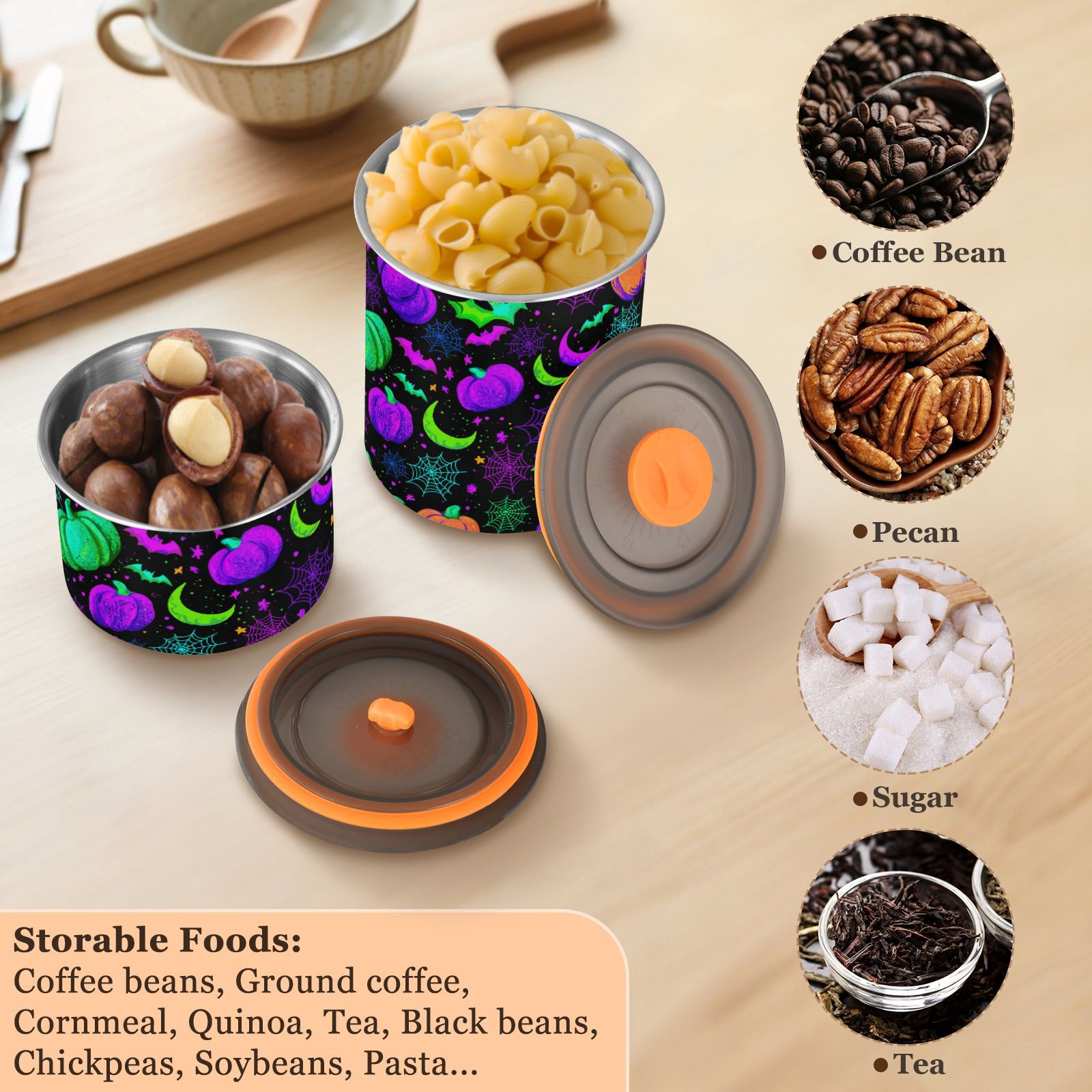 Pumpkin Spider Web Halloween Airtight Coffee Bean Canister 900 ml Food Storage Containers with Lids For Gournd, Tea, Sugar, Flour, Rice, Cereal, Candy Cookie Jar