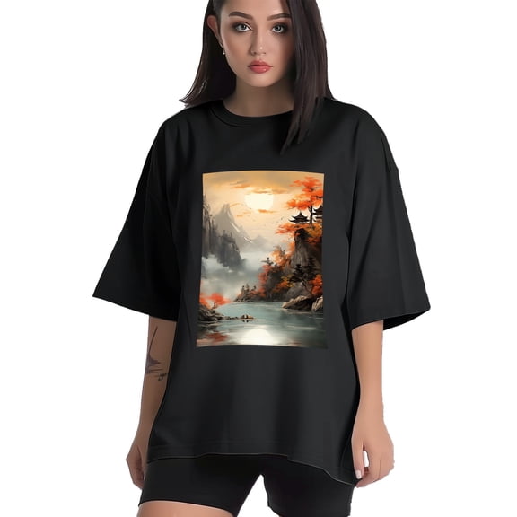 Plus Size Shirt for Women Black Tops for Women Short Sleeves Shirt for Women Autumn Landscape1 T Shirt Crewneck Shirt for Women XS