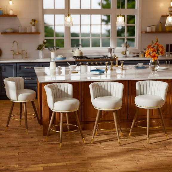 Ninecer Counter Height Bar Stools Set of 4, 26 Inch Swivel PU Leather Bar Chairs with Back and Footrest, Round Low Back Barstools for Kitchen Island Dining Room, White