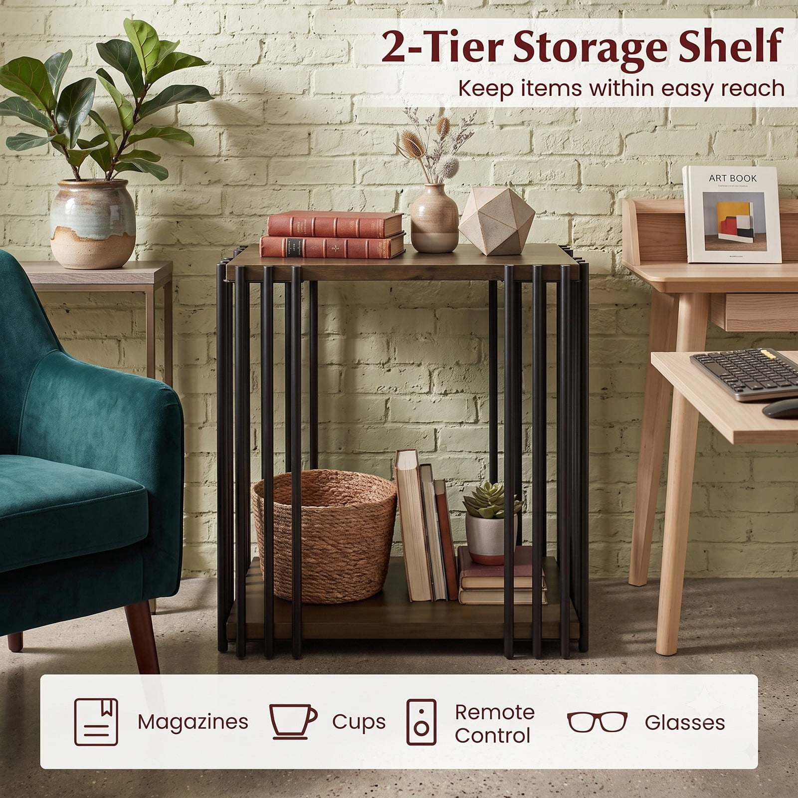 Furnibear Rubber Wood Side Table, 2-Tier End Table with Storage Shelf and Sturdy Metal Frame for Living Room Bedroom, Compact Nightstand Sofa Accent, Walnut and Black