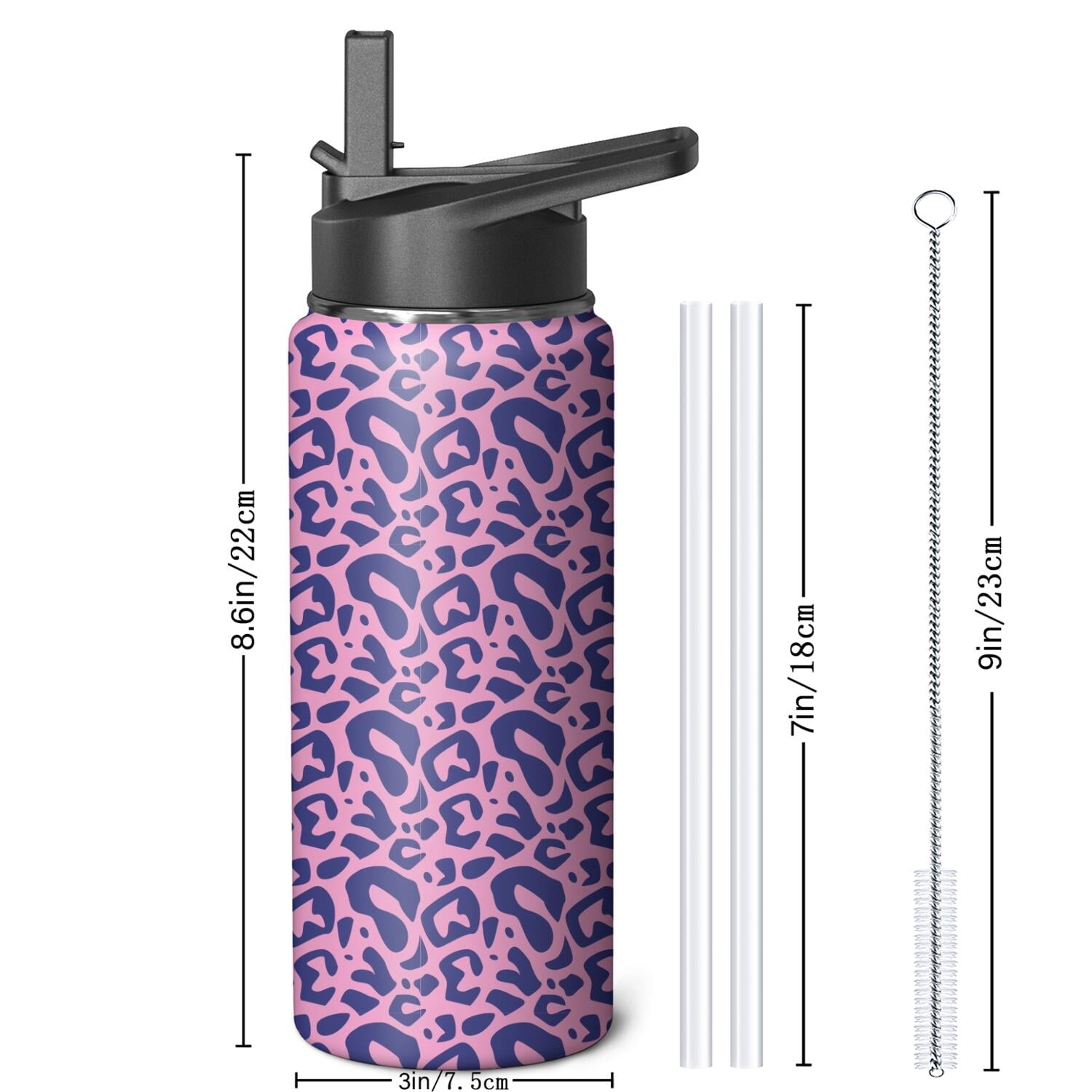 Leopard Print Insulated Stainless Steel Water Bottle with Straw & Cleaning Brush – 18 Oz | Leakproof, BPA-Free, 304 Stainless Steel, Wide Mouth, Travel Mug for Car, Gym, Office
