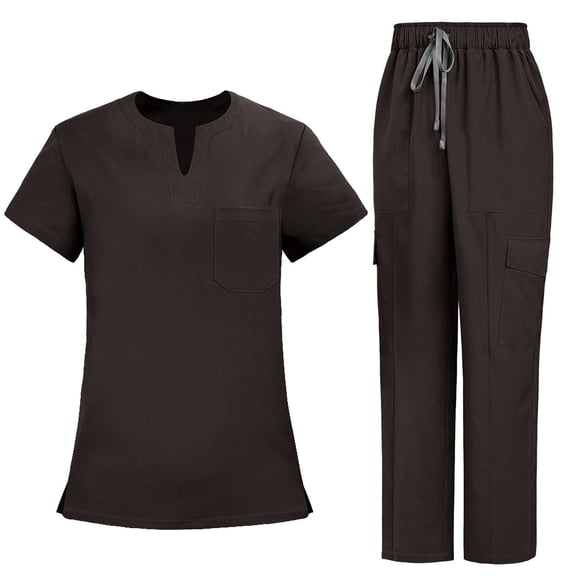 Guluxicc Scrub Sets for Woman Solid Color V-Neck Short Sleeve Tops and Long Pants Nurse Uniform Set with Pockets, Brown
